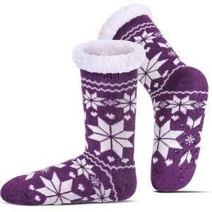 Doskoni Snowflakes Non-Skid Sherpa Lined Slipper Socks Purple/White  OS NWT